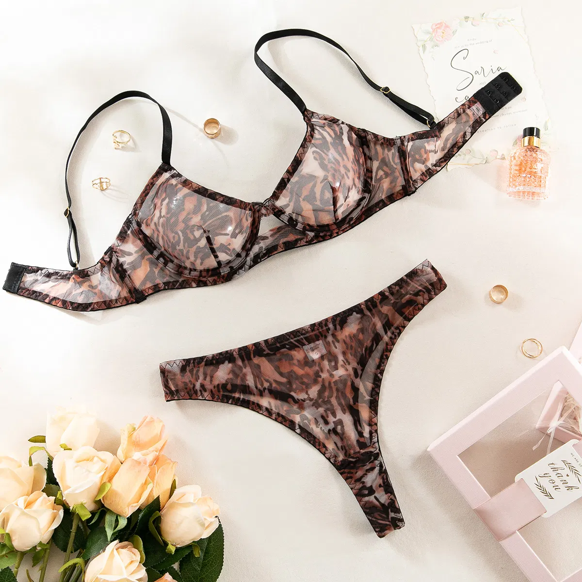 Sexy Women Newest Underwear Set Hot Transparent Mesh Leopard Print Lingerie