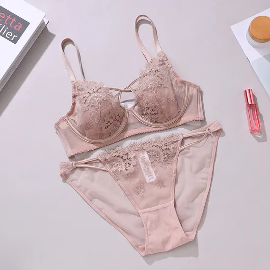 Sexy Cross-Strap Rabbit Ear Cup Lingerie Embroidered Lace Women's Push up Bra Set