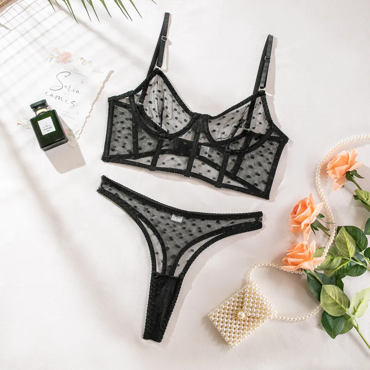 Sexy Fish-Bone Women's Underwear Set Wholesale See-Through Polka Dots Mesh Lingerie