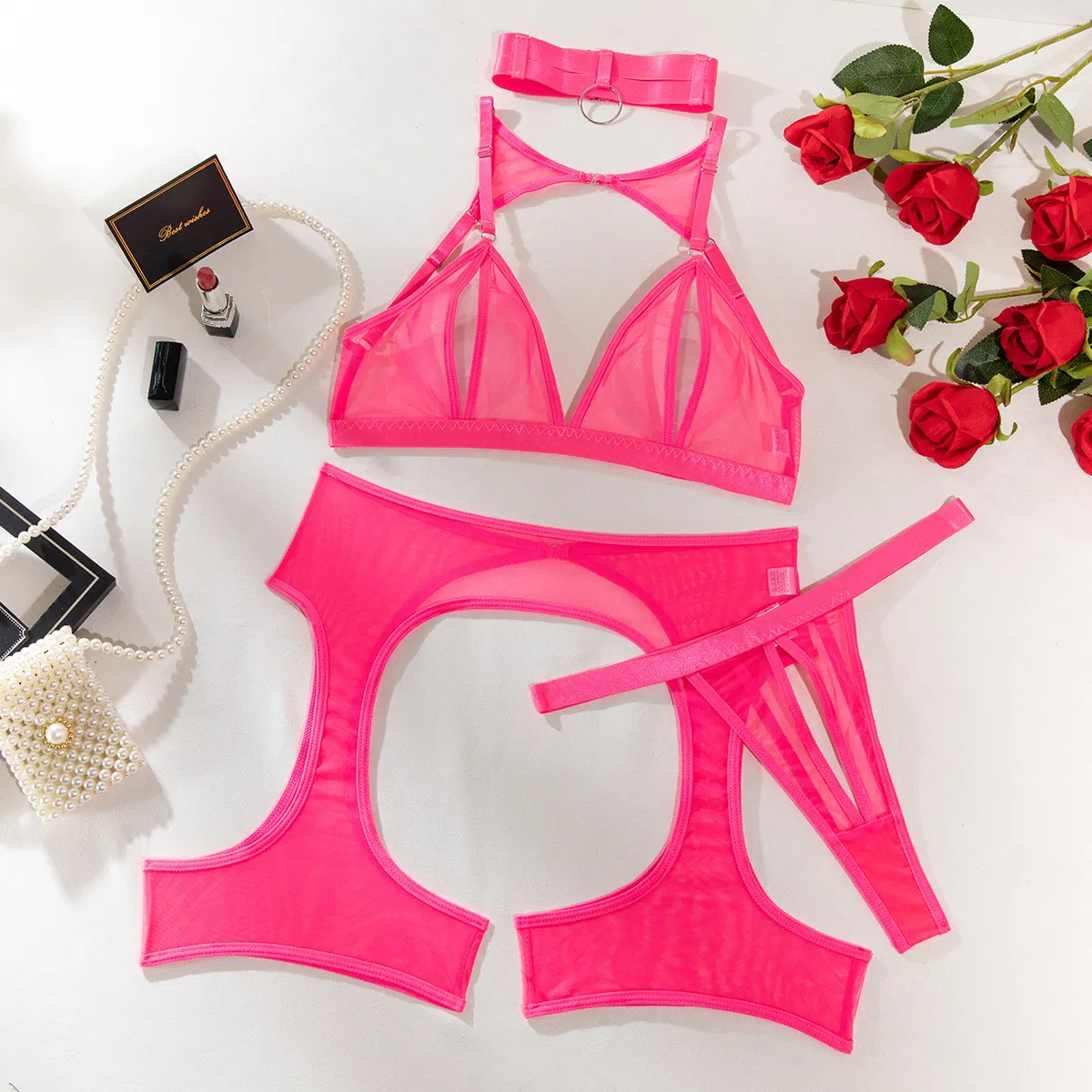 Sexy Erotic Open Crotch Four Piece Underwear Set New Perspective Mesh Woman's Lingerie