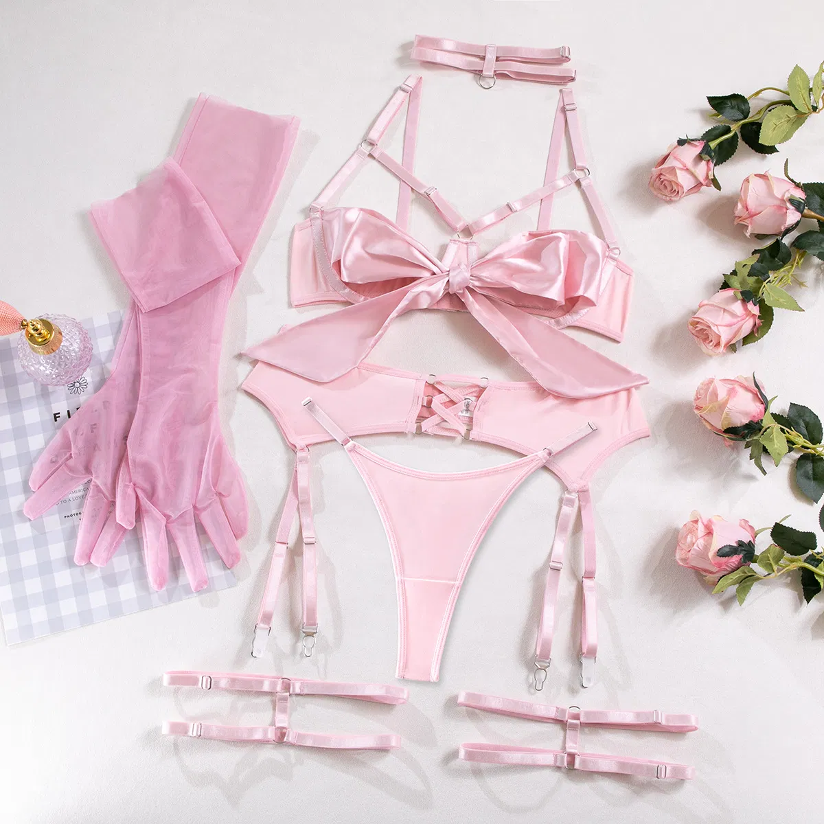 Sexy Women Underwear Set with Glove Wholesale Bow Hollow out Lingerie