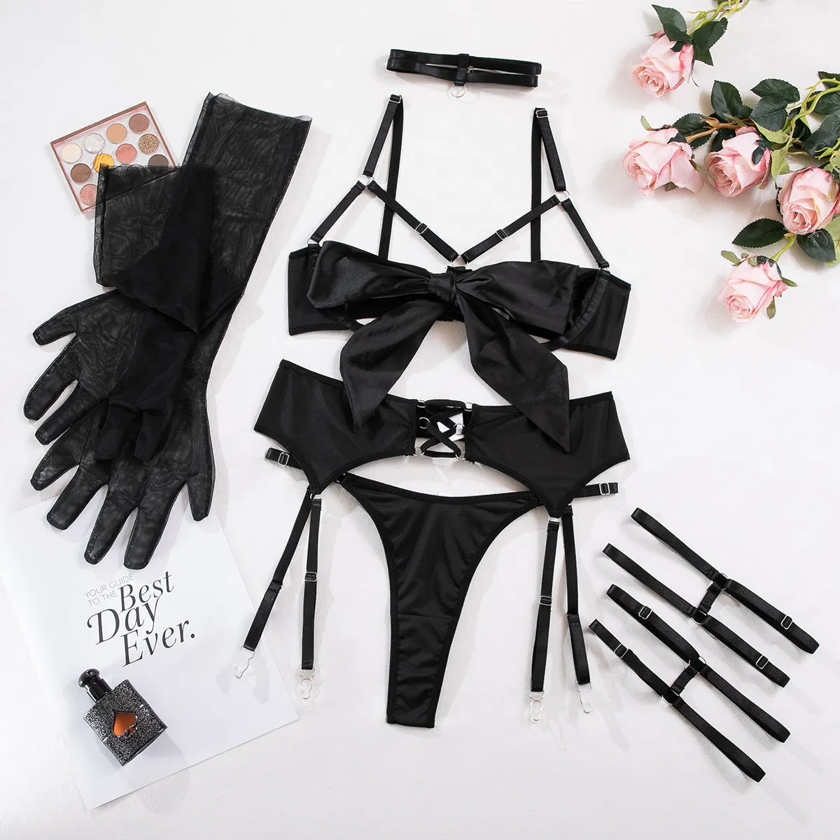 Sexy Women Underwear Set with Glove Wholesale Bow Hollow out Lingerie
