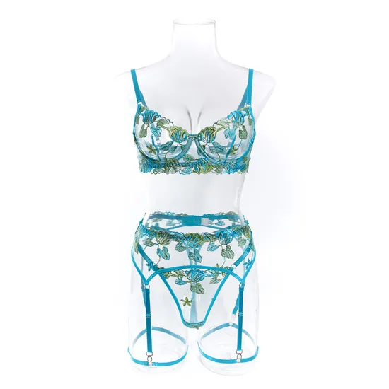 Sexy Erotic See Through Three Piece Woman Underwear Set Wholesale Flower Embroidery Lingerie