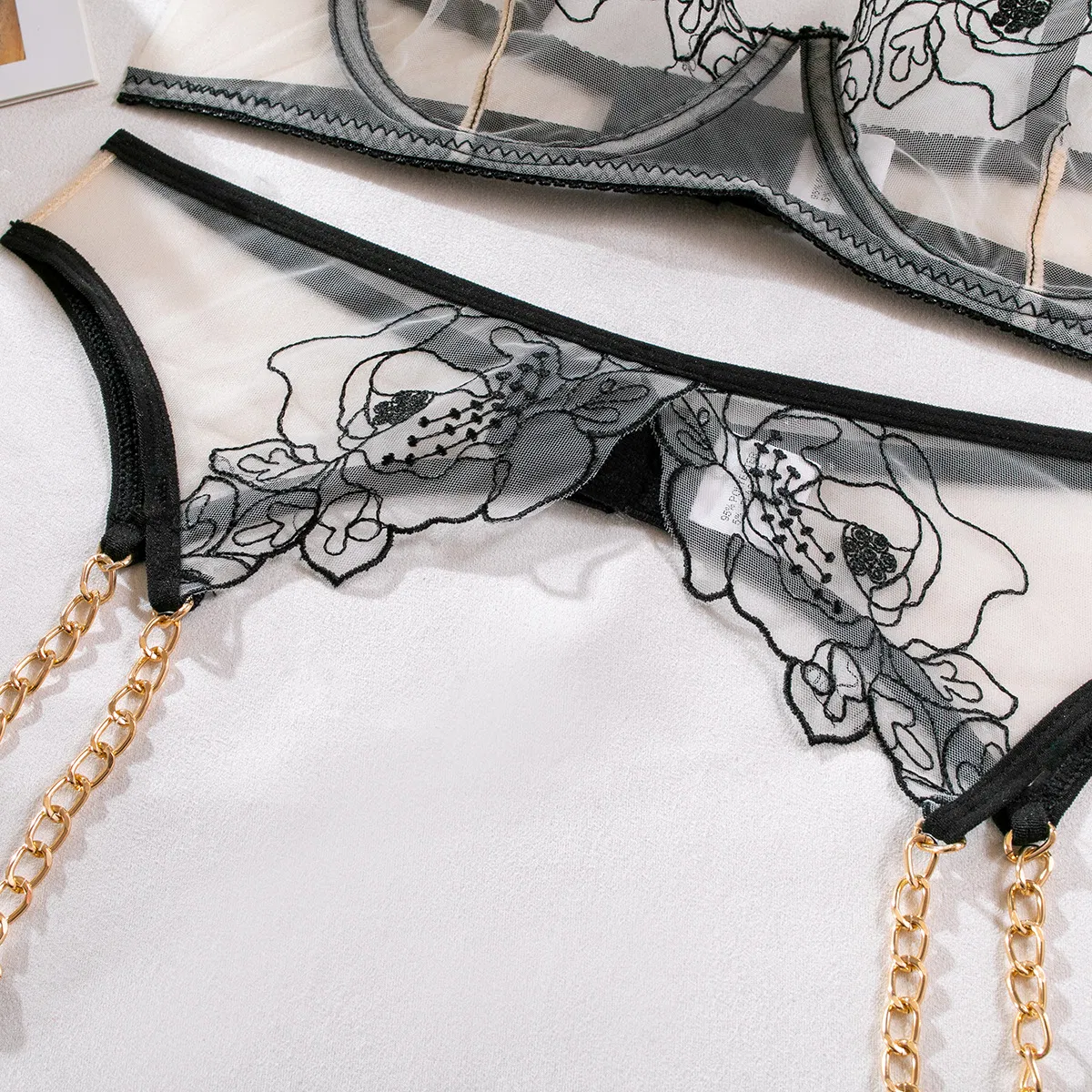 Sexy Embroidery Flower Bra Panty Set Wholesale Metal Chain See-Through Women's Lingerie