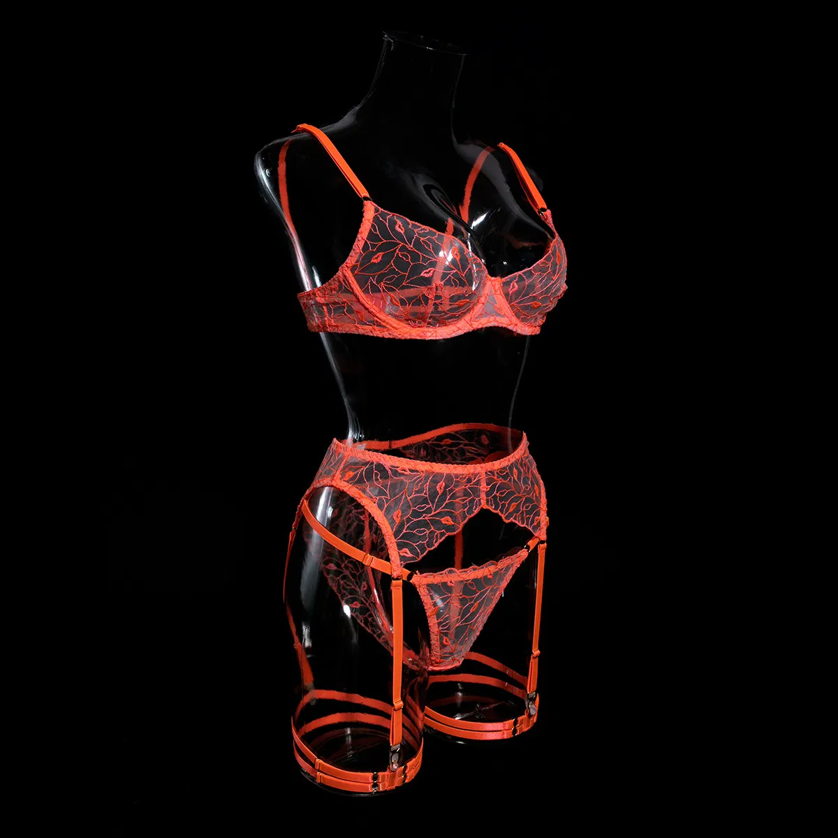 Wholesale See-Through Mesh Embroidery Bra Set Sexy Three-Piece Woman's Lingerie