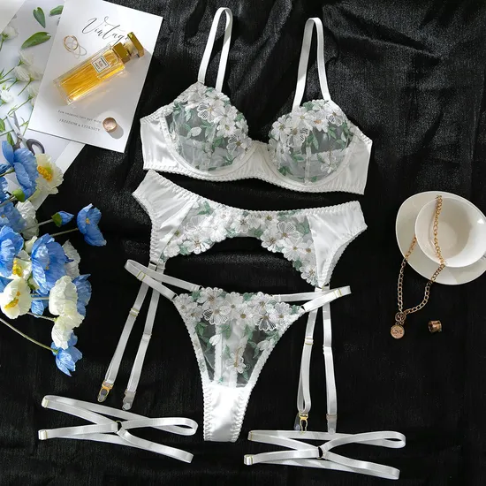 High Quality Women Floral Embroidery Underwear Sexy See-Through Mesh Lingerie