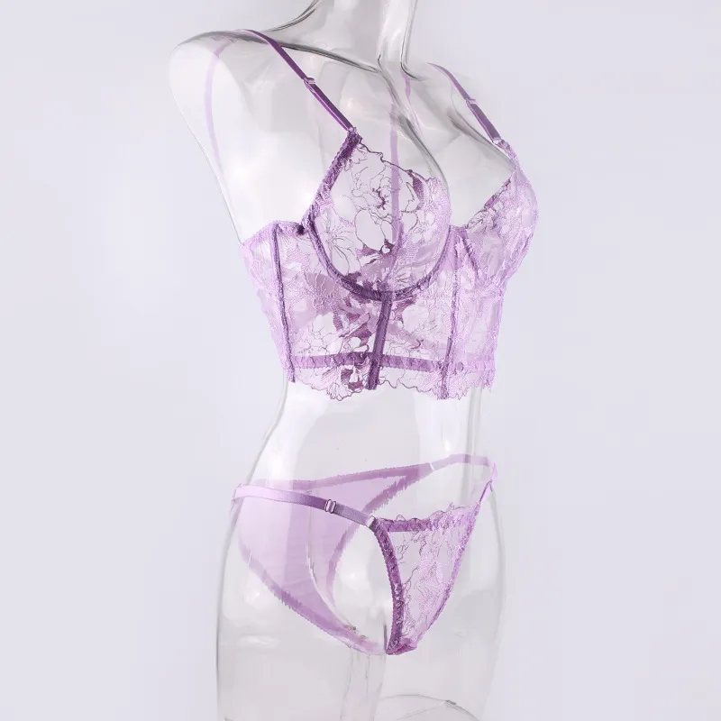 Wholesale Embroidery Lace Fishbone 2 Piece Underwear Set Sexy Erotic Women's Lingerie