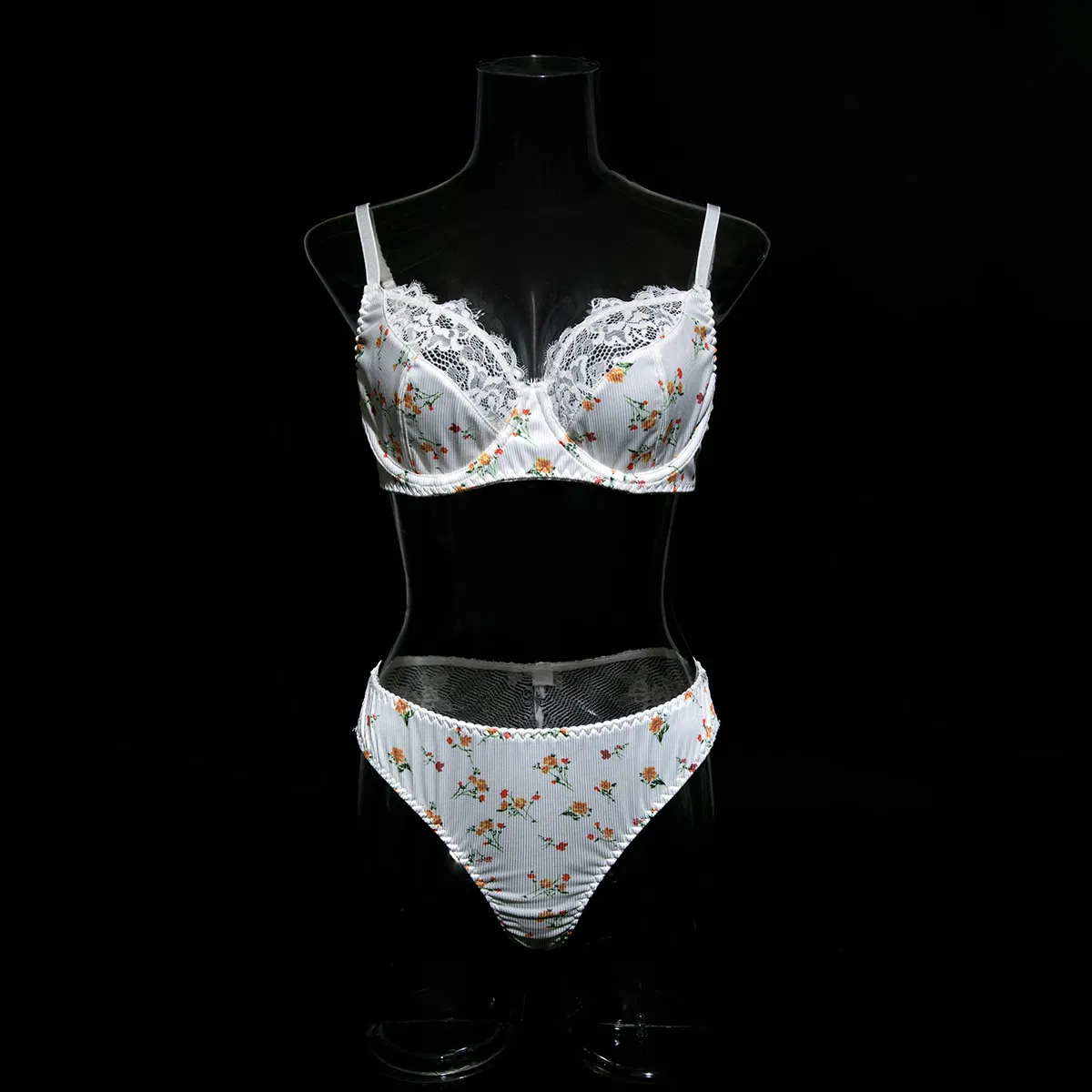 Wholesale Sheer Embroidered Lace Thin Bra Set Sexy Flower Print Woman 2PCS Lingerie