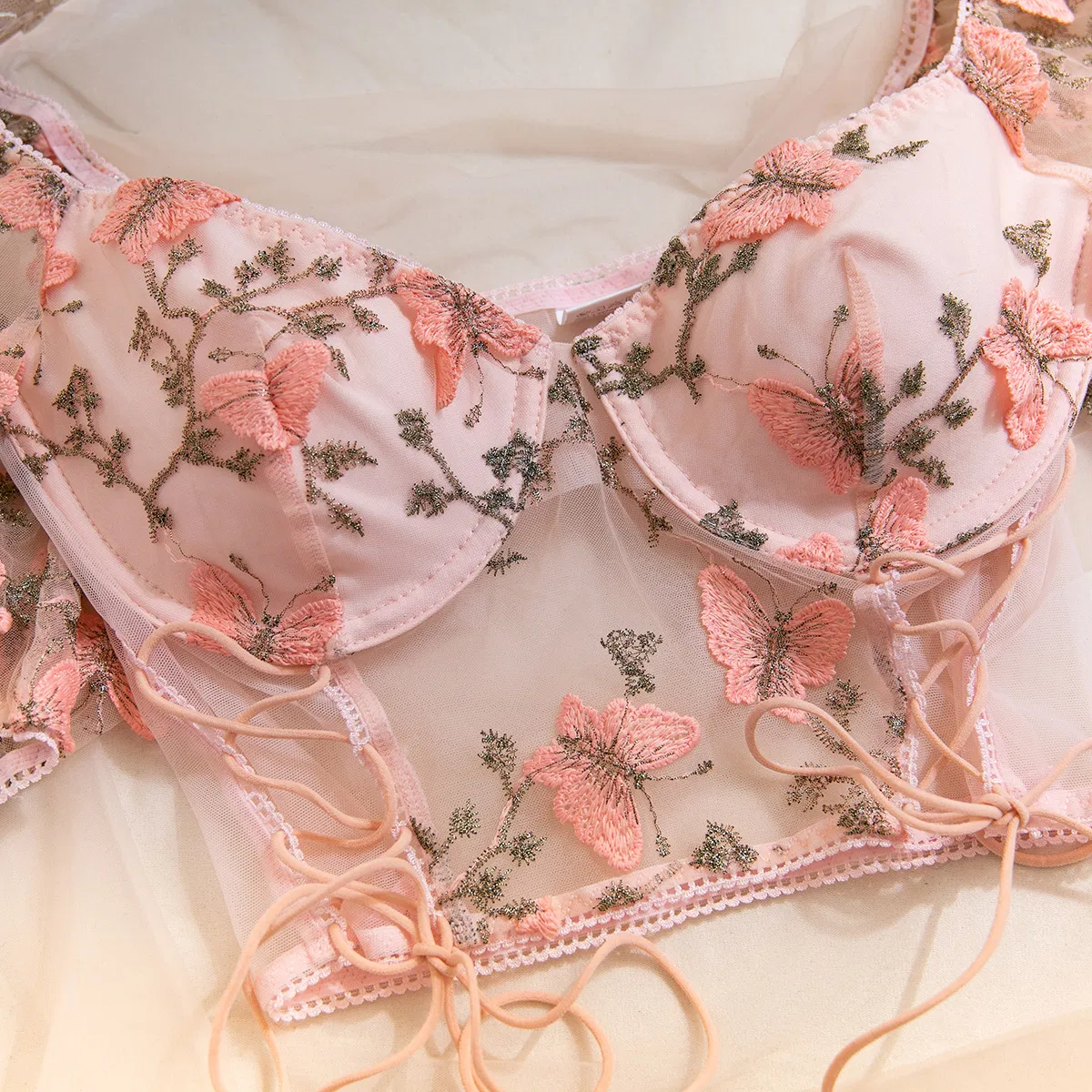 Wholesale Floral Embroidery Bubble Sleeve Underwear Set Sexy See-Through 2-Piece Lingerie