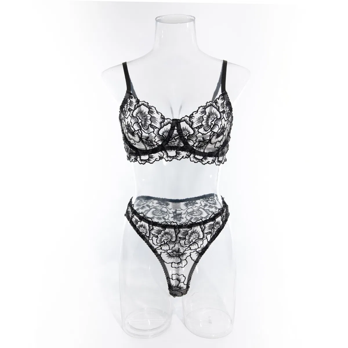 Wholesale Luxury Embroidered See-Through Underwear Set Sexy V-Neck Push up Lingerie