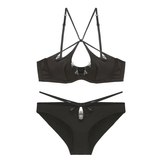 Wholesale French Style Transparent Eyelash Lace Sexy Breathable Satin Ultra-Thin Lingerie for Women Gathering Bra Set Underwear
