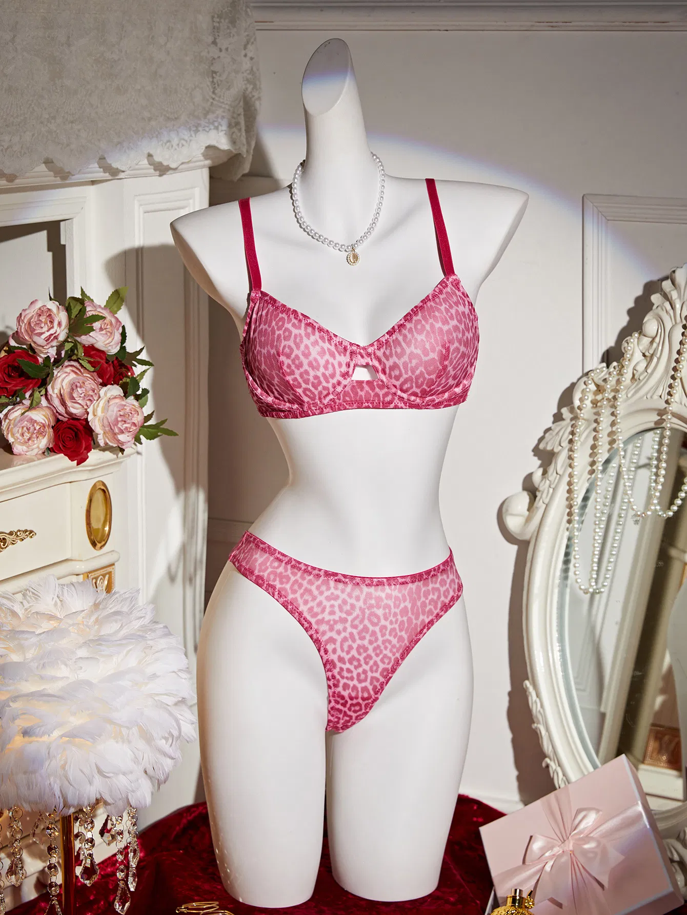 Wholesale Transparent Leopard Print Two-Piece Bra Set Sexy Thin Woman Lingerie