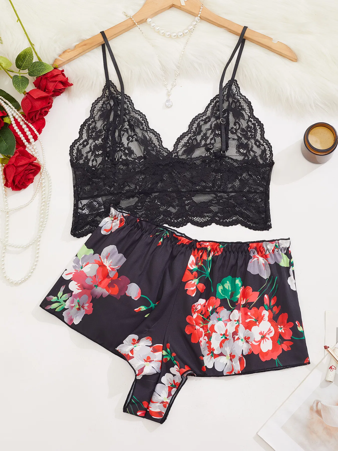 Wholesale Satin Embroidered Lace Underwear Set for Woman Sexy Short Sleeve Two-Piece Lingerie