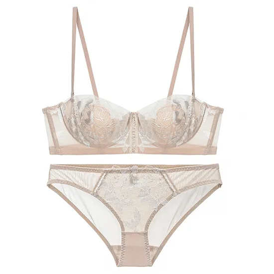 Wholesale Sexy French Ultra-Thin Set Rose Embroidery Lace for Women Bra Underwear Lingerie