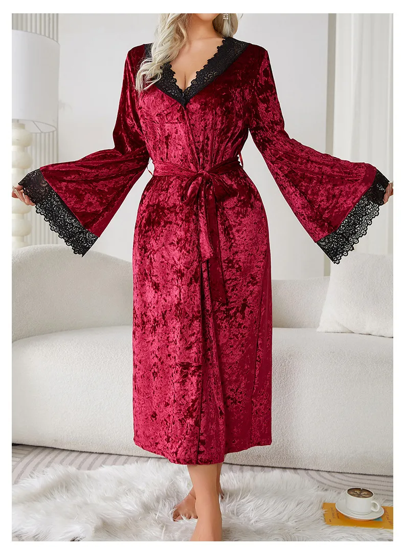 Wholesale Long-Sleeved Sleepwear Nightwear Sexy Microfiber Lace Woman's Robe