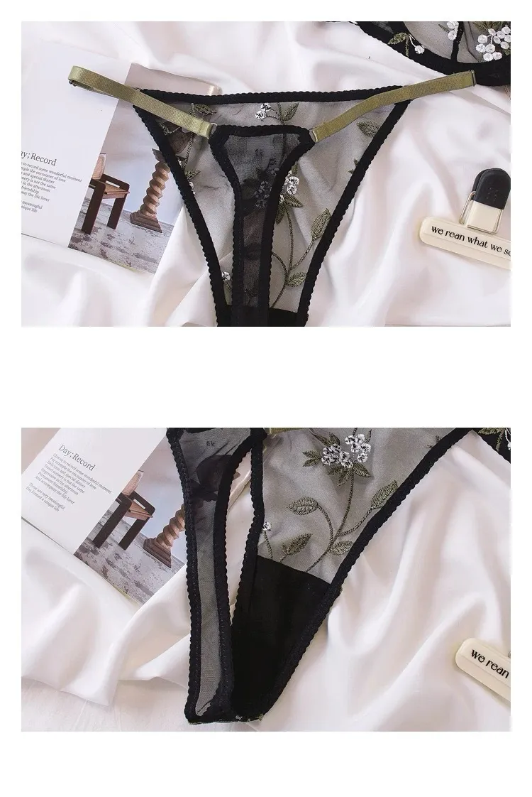 Embroidery Lace Trim Sexy Breathable Bra Erotic See-Through Mesh for Women Soft Underwear French Ultra-Thin Set Lingerie