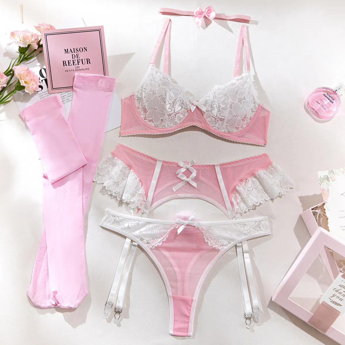 New Transparent Women Bra and Panty Set Sexy Embroidered Lace Mesh Patchwork Lingerie