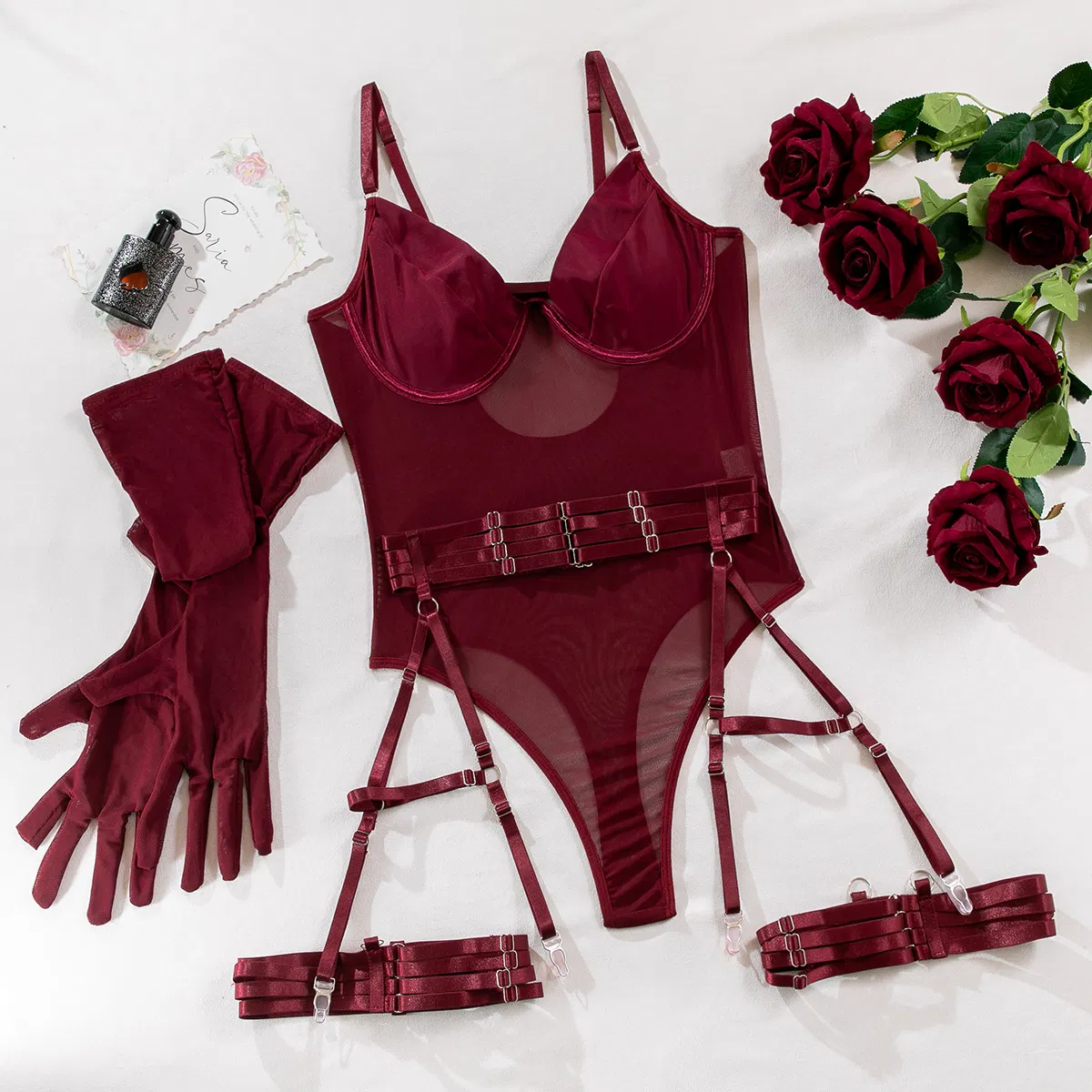 Sexy See-Through Mesh One-Piece Bra Set with Gloves Hot Sale Solid Color Bandage Lingerie