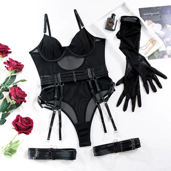 Sexy See-Through Mesh One-Piece Bra Set with Gloves Hot Sale Solid Color Bandage Lingerie