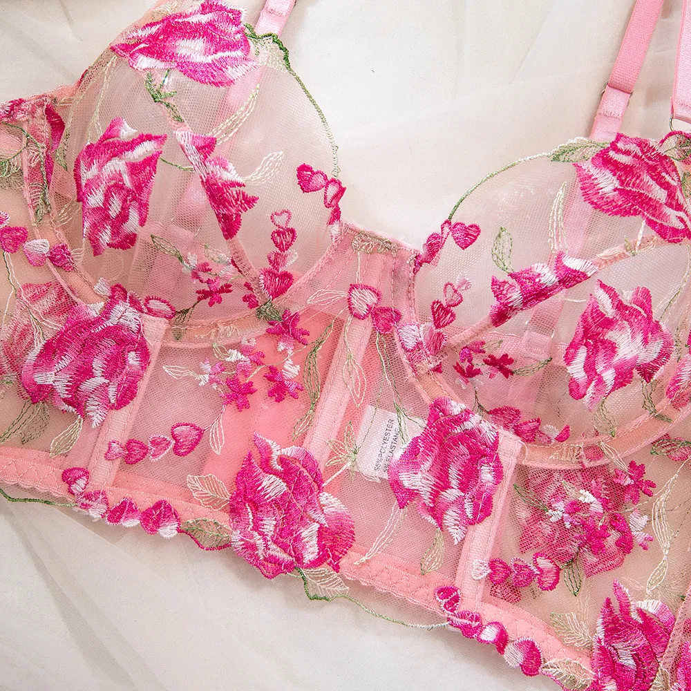 Wholesale Fishbone Transparent Mesh Bra Set Sexy Flower Embroidered Thin Woman Lingerie