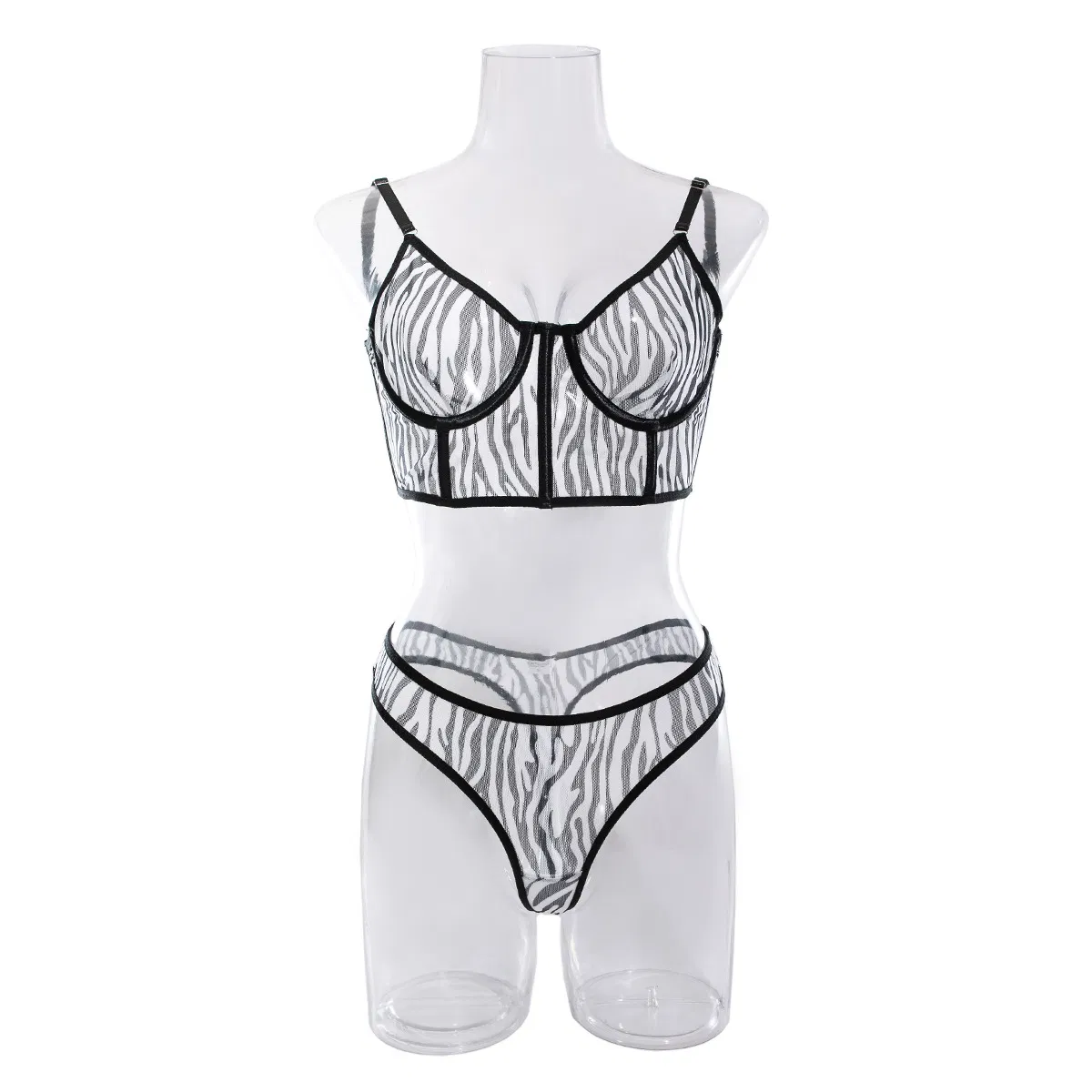 Sexy Fish Bone Contrast Zebra Woman Bra and Thong Set Hot Selling See-Through Mesh Lingerie