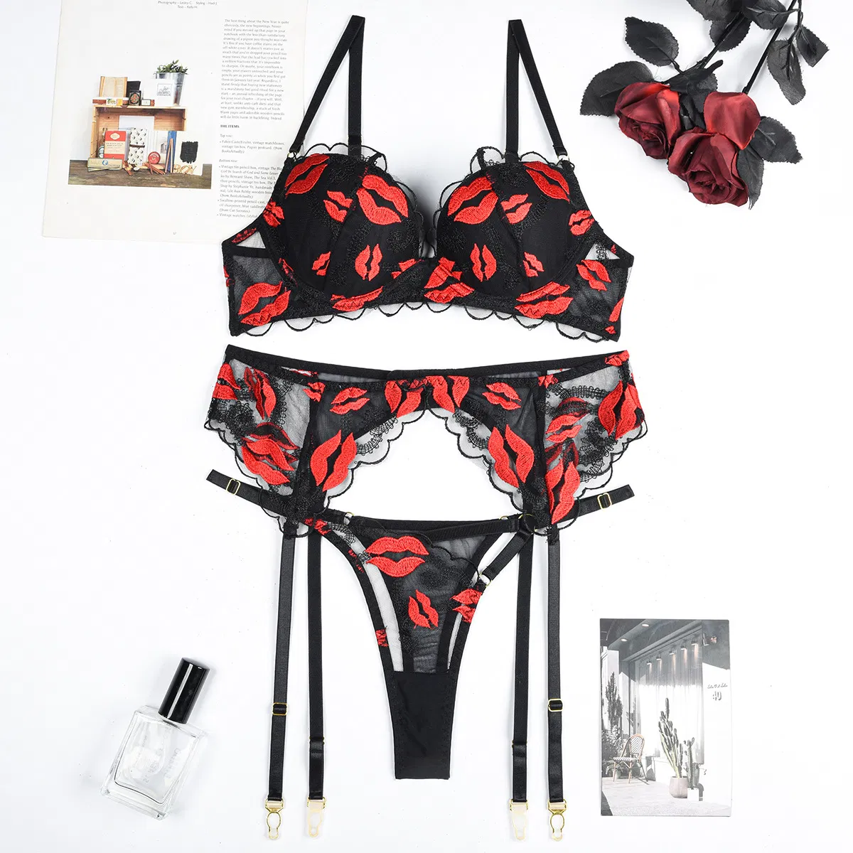 Sexy See-Through Mesh 3 Piece Bra Set Hot Selling Embroidery Woman Lingerie