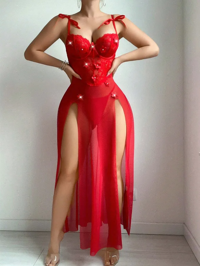 Wholesale Transparent Mesh Underwear Set Sexy Embroidery Flower Pearl Lingerie