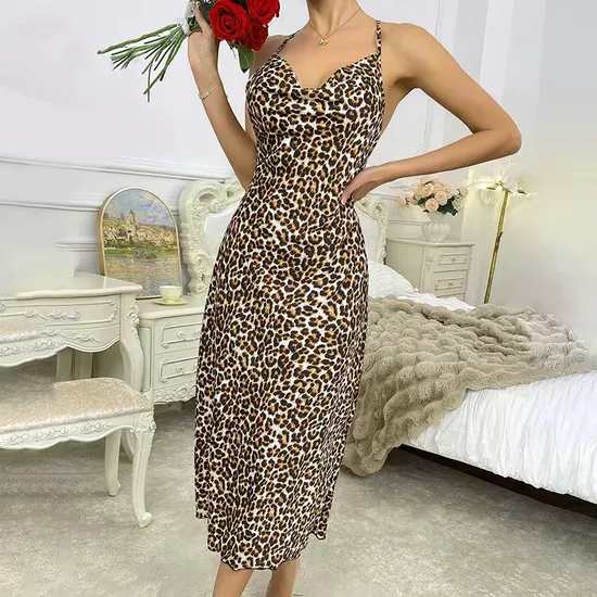 Sexy V-Neck Leopard Print Cross Strap Dresses Nightdress Wholesale Long Sleepwear Nightwear