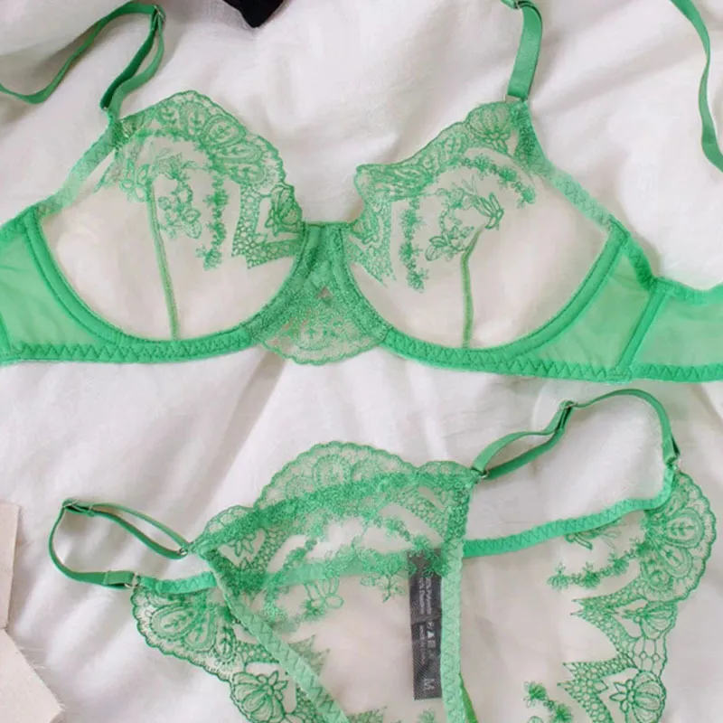 French Romantic Hollow out See-Through Bra Sexy Ultra-Thin Embroidered Set Lace Lingerie