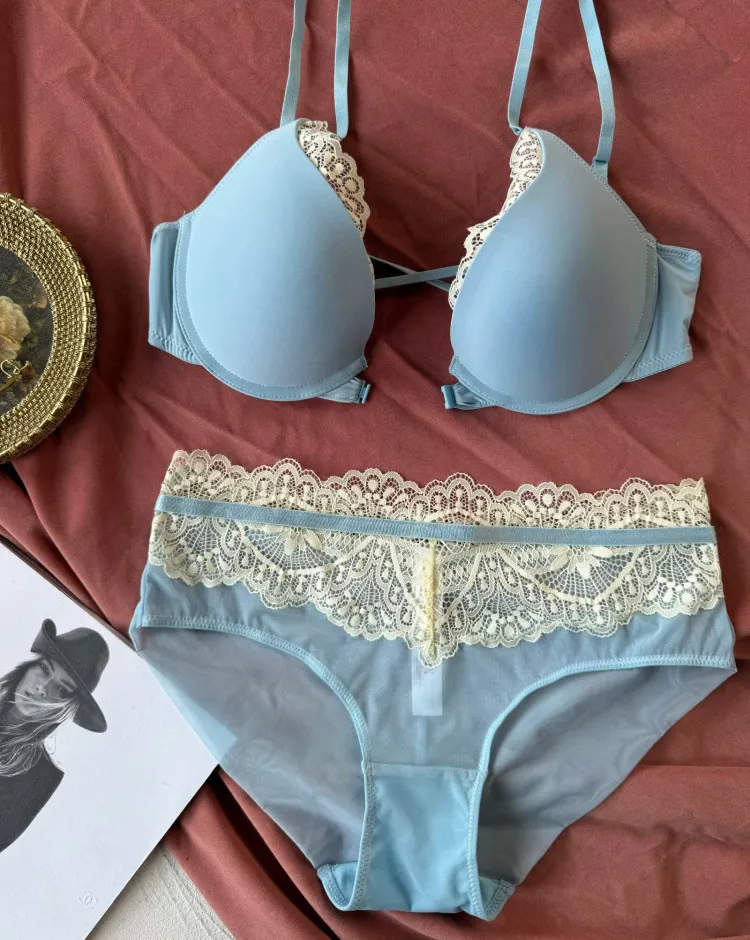 Hot Sell Sexy Lace Trim Sexy Breathable Bra Set Deep V Gathered Women Front Button Lingerie