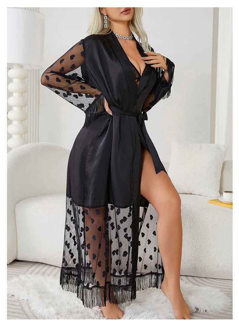 Wholesale Embroidery Love Woman's Sleepwear Sexy Satin Patchwork Transparent Mesh Sleeve Robe