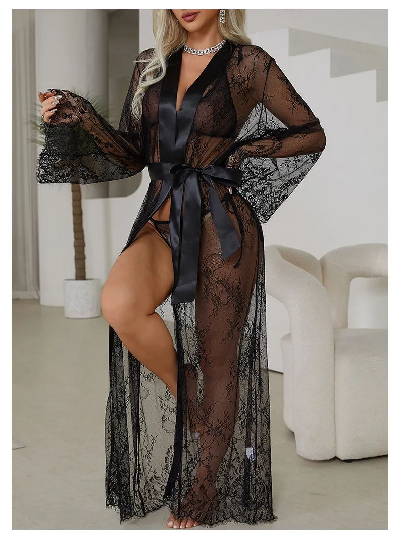 Wholesale Mesh Long Transparent Lace Sleepwear Pajamas Sexy Luxury Women Bath Robe