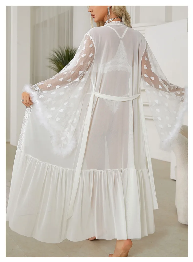 Sexy Long Sleeve Transparent Women Pajamas Sleepwear Wholesale Lace Deep V Bath Robe