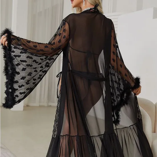 Sexy Long Sleeve Transparent Women Pajamas Sleepwear Wholesale Lace Deep V Bath Robe