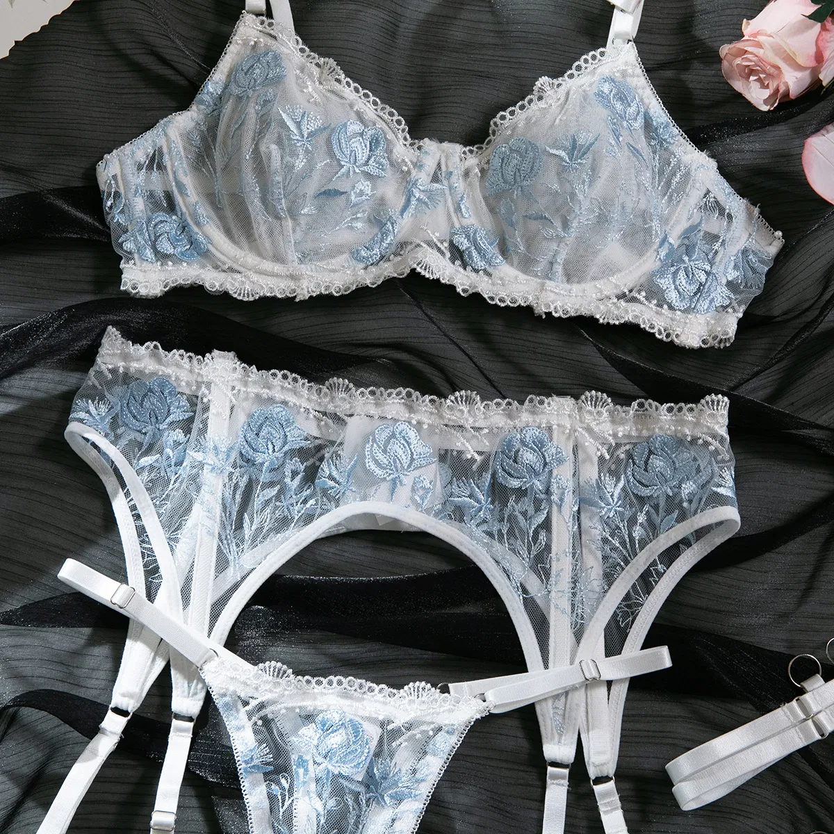 Wholesale Embroidery Floral Underwear Set Sexy Transparent Mesh Woman Lingerie