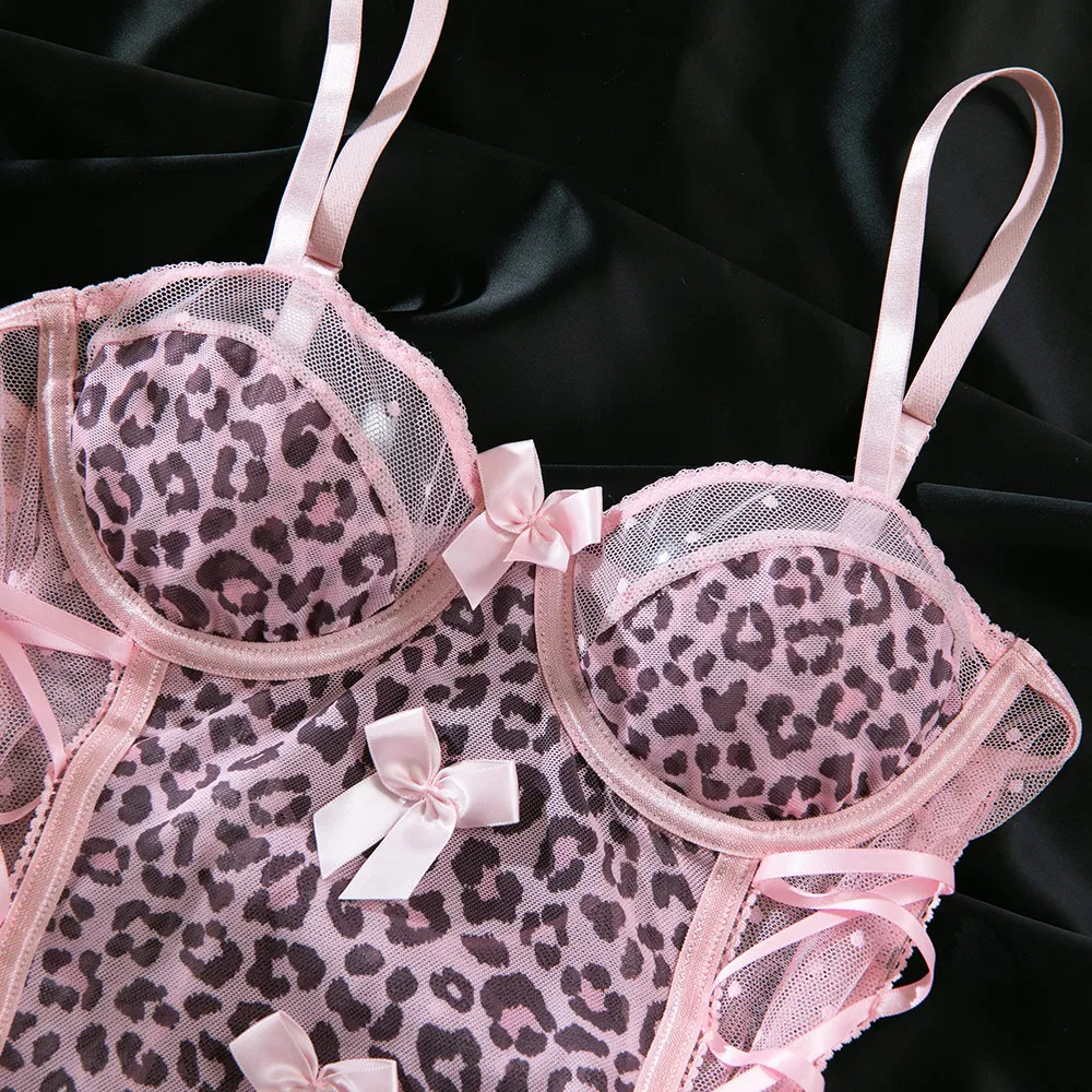 New Style Pink Leopard Print Women Bra Set Sexy Bow Tie One Piece Lingerie