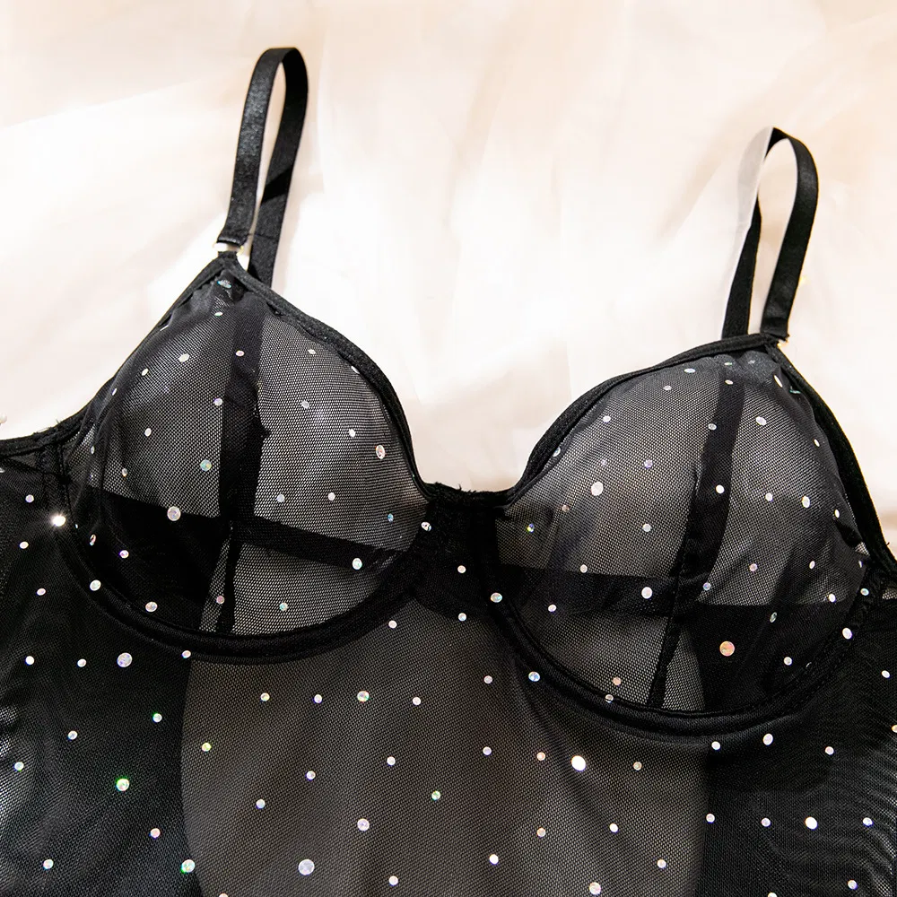 Sexy Transparent Flash Mesh Woman Bra Set with Gloves Wholesale Solid Color Ultral-Thin Lingerie