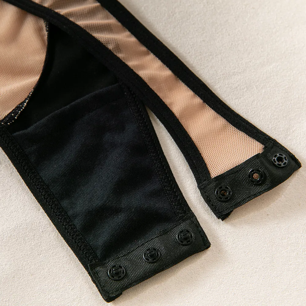 Sexy See-Through Leather Patchwork Mesh Underwear Set Wholesale Hollow out One-Piece Lingerie