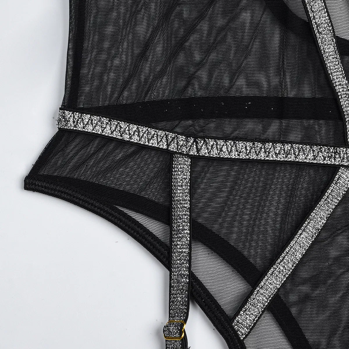 Sexy Wire Lines See-Through Mesh Patchwork Woman Bra Set Hot V-Neck One-Piece Lingerie