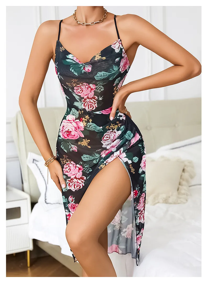 Sexy Flower Print Perspective Mesh Dress Sleepwear Wholesale Suspender Women Nightwear