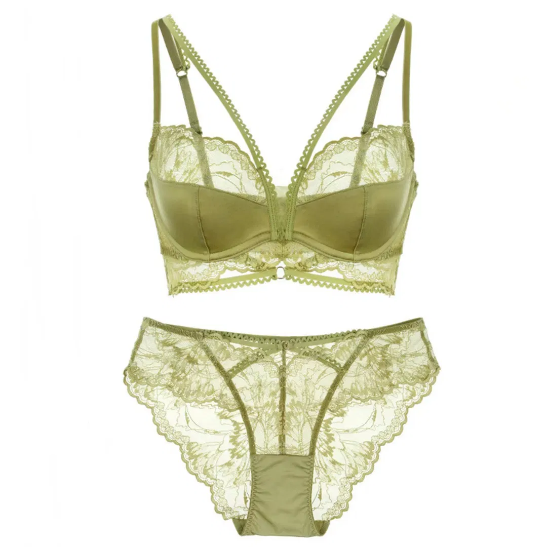 New Style French Transparent Embroidery Lace Trim Breathable Ultra-Thin for Women Soft Bra Underwear Sexy Lingerie Set