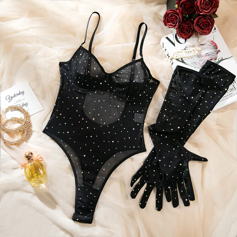 Sexy Perspective Mesh Bra Set with Gloves Hot Sell Sparkle Rhinestone One-Piece Lingerie