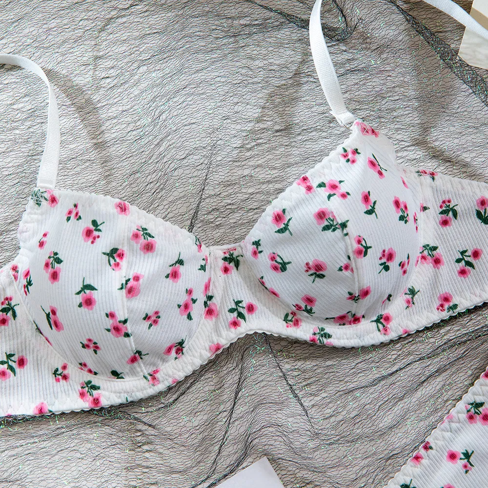 New Fashion Floral Print Two-Piece Bra Set Sexy See-Through Women Lingerie