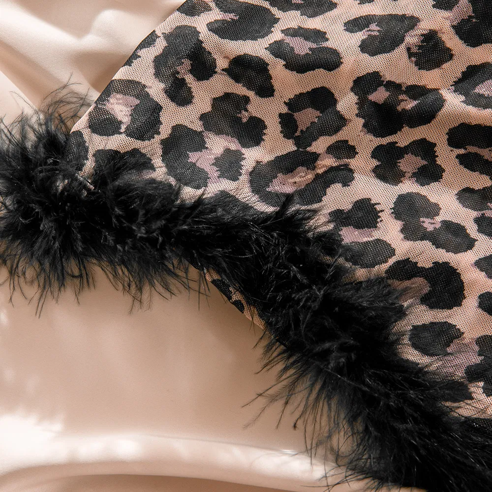 Sexy Leopard Print Transparent Feather Dress Bra Set Hot Suspender Women Lingerie