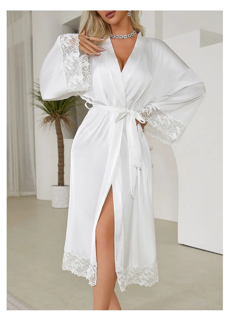 Wholesale Luxury Satin Long-Sleeved Women Sleepwear Nightwear Sexy V-Neck Lace Bath Robe