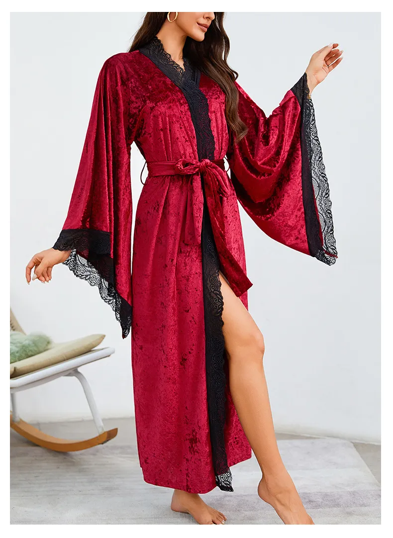 Sexy Luxury Sleepwear Nightwear Wholesale Velvet Lace Long Sleeve Woman Bath Robe
