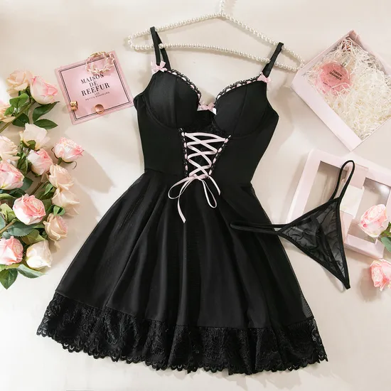 Sexy Bow Mesh See-Through Dress Underwear Set Hot Women Two-Piece Lingerie