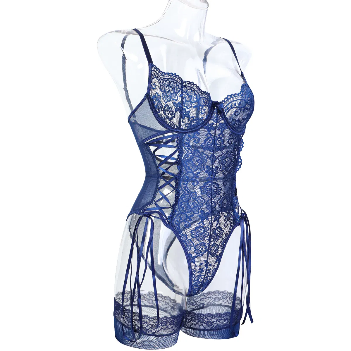 Sexy Perspective Embroidery Lace Bra Set with Stocking New Fashion One-Piece Women Lingerie