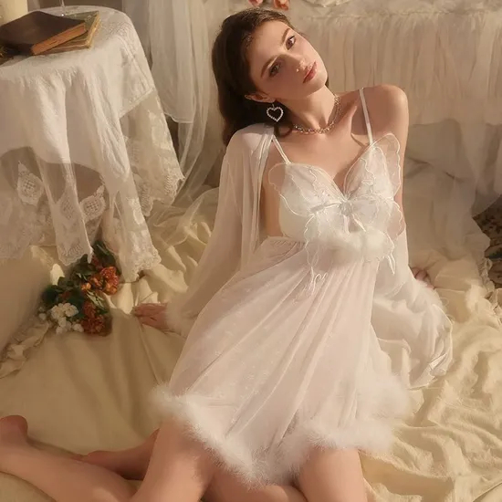 Sexy See-Through Mesh Nightgown Dress and Robe Hot Sell Embroidered Lace Women's Nightwear