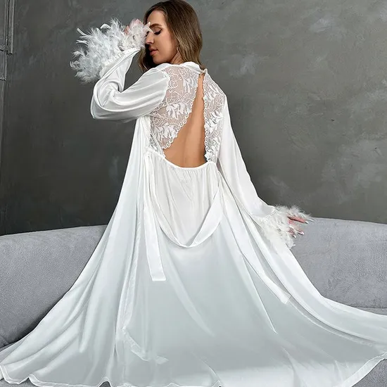 Wholesale V Neck Luxury Satin Sleepwear Sexy Long Sleeve Feather Cuff Women's Robe